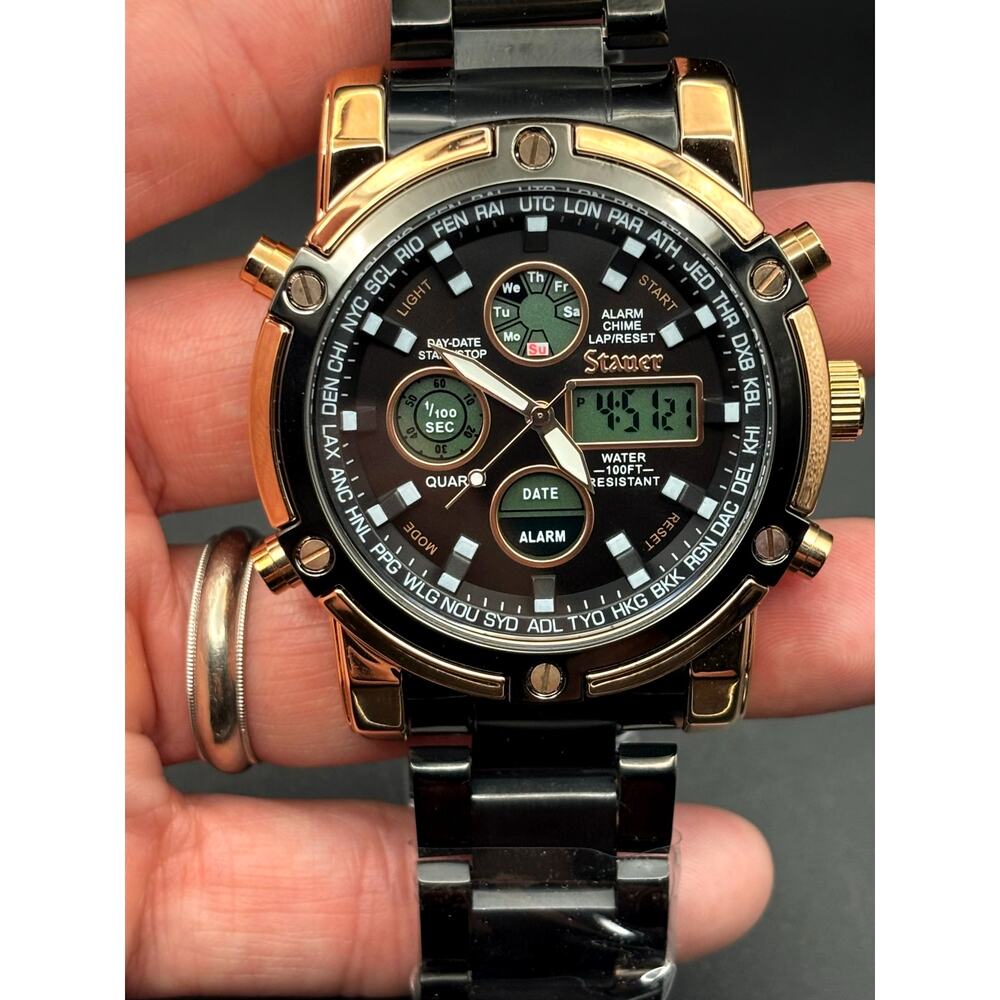 Stauer 52318 Due Volta Chronograph Men's Watch 48mm Rose Gold Black Steel NIB